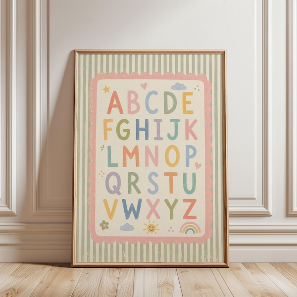 Poster physique - poster alphabet pastel, art mural coloré de salle de jeux, impression éducative de chambre de tout-petit, chambre d'enfant à rayures vertes et roses