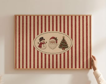 Physical Poster - Snowman Santa and Christmas Tree Farmhouse Sign Print, Faux Embroidered Wall Art, Red Stripe Kids Holiday Poster