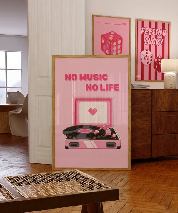 Y2K 'no Music No Life' Turntable Wall Art in Pink for Bedroom