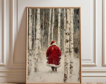Physical Poster - Santa Claus Wall Art, Christmas Decor Poster, Vintage Oil Painting Style Birch Forest Winter Print, Moody Holiday Wall Art