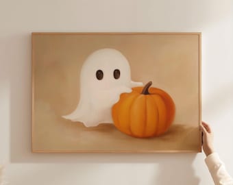 Niedlicher Geist, der Kürbis hält Druck | Neutrale Halloween-Wandkunst | Rustikales Landhaus Dekor | Moderne Kürbis Printable | Digitaler Download