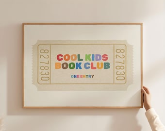 Cool Kids Book Club Nursery Ticket Print, Colourful Digital Download, Beige Landscape Wall Art, Kids Home Decor
