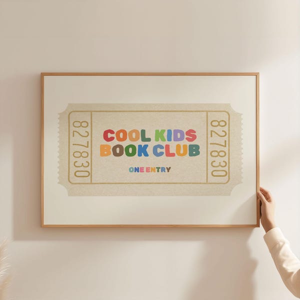 Cool Kids Book Club Nursery Ticket Print, Colourful Digital Download, Beige Landscape Wall Art, Kids Home Decor
