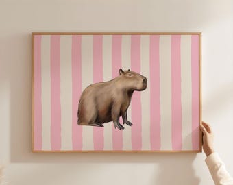 Physical Poster - Capybara Nursery Print | Cute Animal Art Poster  | Pink Stripe Line Pattern for Kids' Home Decor