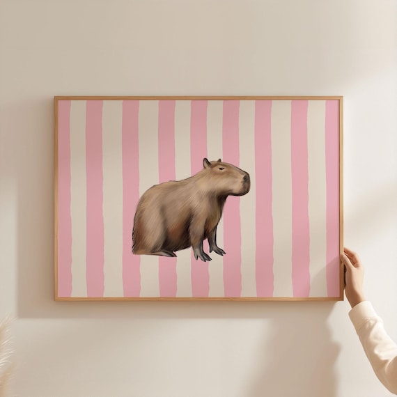Physical Poster - Capybara Nursery Print | Cute Animal Art Poster  | Pink Stripe Line Pattern for Kids' Home Decor