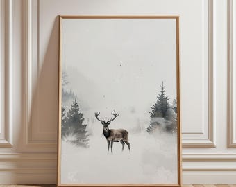 Physical Poster - Stag Wall Art, Winter Wildlife Poster, Watercolor Deer Print, Minimalist Snowy Forest Decor, Neutral Nature Wall Art