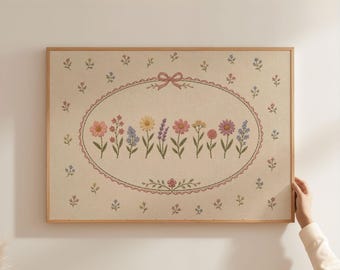 Physical Poster - Wildflower botanical wall art poster, ribbon oval floral print, ditsy floral cottagecore decor, Nursery Kids Bedroom print