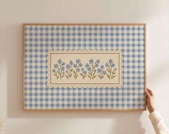 Physical Poster - Forget Me Not Cross Stitch Wall Art Print, Blue Gingham Floral Botanical Cottagecore Home Decor Poster