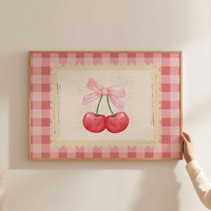 Pink Cherry Print, Coquette Wall Art, Soft Feminine Wall Art, Girly Pink Bow Print, Trendy Wall Art, Bedroom Wall Print, Checkered Pattern