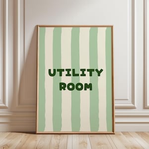 Physical Poster - Utility Room Sign Wall Art | Girly Saga Green Laundry Rules Typography Minimalist Wall Art & Stripe Line Pattern