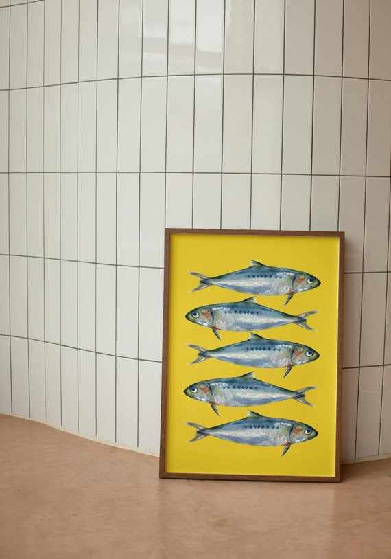 Physical Poster - Sardines Poster - Bright Yellow Sea Life Fish Ocean Seafood Wall Art, Maximalist Kitchen Decor