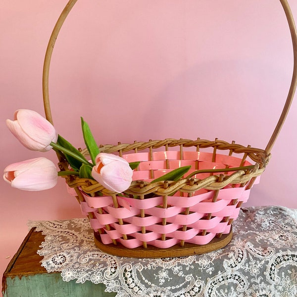 Vintage Late 1960's/Early 1970's Neon Pink Plastic and Wicker Easter Basket | Vintage Easter Basket