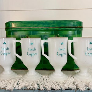 Lot of 4 Vintage IRISH COFFEE Milk Glass Tall Mugs with Handles and Gold Rims | Vintage Glassware | Irish Decor | St. Patrick&#39;s Day Decor