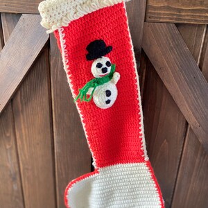 Vintage Large Handmade Chunky Crochet Snowman Christmas Stocking | Kitschy Christmas Decor | Vintage Christmas Stocking