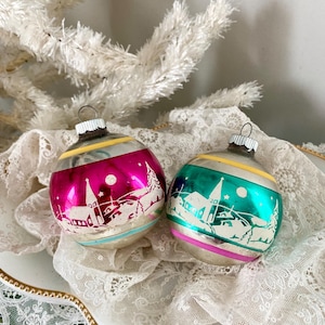 CHOICE of 1 Vintage 2.5&quot; SHINY BRITE Snowy Village Winter Scene Stenciled Glass Christmas Ornament | Teal or Pink