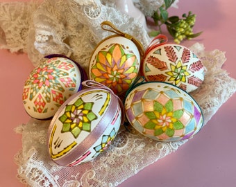 LOT of 5 Vintage Decorated Hollow Easter Eggs | Polish/Ukrainian Pysanky Folk Art Hand-Painted | Puff Paint | Easter Eggs