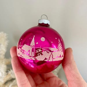 CHOICE of 1 Vintage 2.5&quot; SHINY BRITE Snowy Village Winter Scene Stenciled Pink Glass Christmas Ornament Venetian Dew Stencil