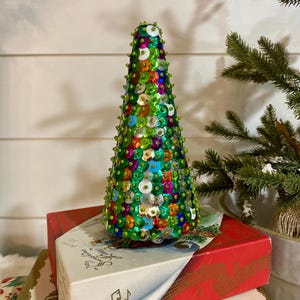 Vintage Colorful Handmade Push Pin Beaded Sequined Christmas Tree Tabletop Decoration 7"