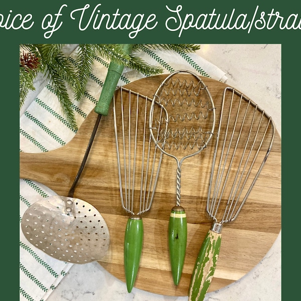 Choice of Vintage Green Wooden Handle Spatula, Coiled Strainer Wisk Skimmer | Antique Utensils | Farmhouse Kitchen Decor | 1950's