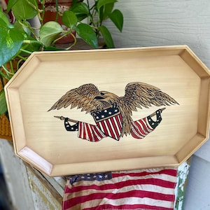 Vintage NASHCO PRODUCTS NY Hand-Painted Eagle & American Flag Armor Rectangle Metal Serving Tray/Drink Tray | Patriotic Decor