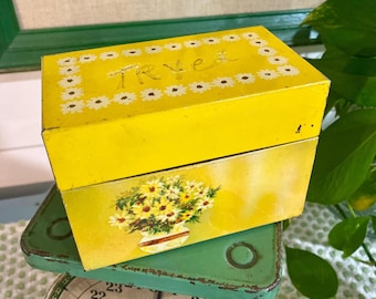 Vintage MCM Yellow Ohio Art Tin Recipe Box | Floral Daisy Retro Kitchen Decor
