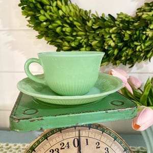 1 SET of Vintage FIRE KING Jadeite Cup & Saucer | Alice Floral Pattern | 1950's | Green Jadeite Dinnerware