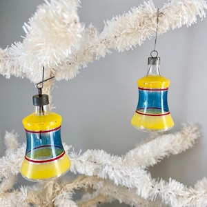 Lot of 2 Vintage WW2 Era PREMIER Unsilvered Glass Striped BELL Ornaments Yellow & Blue 2.5&quot; | Antique Christmas | Rare Find | Wartime WWII