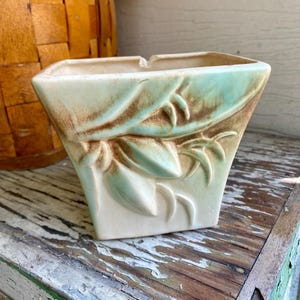 Vintage Rustic/Chippy MCCOY Pottery Rustic Lily Bud Lotus Planter Teal Green and Brown | MCM | 1950s