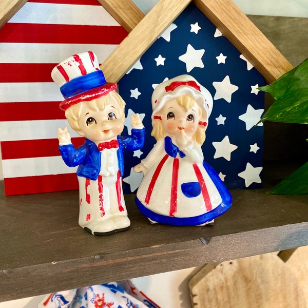 PAIR of Vintage LEFTON Japan Ceramic Young Uncle Sam & Betsy Ross Patriotic Figurines *REPAIR* | Vintage Fourth of July | 4th of July