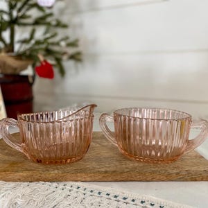 Lot of 2 Vintage Pink Depression Glass Sugar Bowl and Creamer Set 4&quot; | Anchor Hocking? | MCM Retro Kitchen Glassware | Antique Kitchen