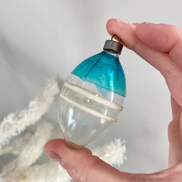 Vintage WW2 Era Unsilvered Painted Teal White Striped Teardrop Glass Ornament | Vintage/Antique Christmas | Rare | 1940's