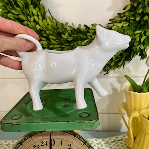 Vintage APILCO France Porcelain White Cow Shaped Creamer Pitcher | Farmhouse Kitchen Decor