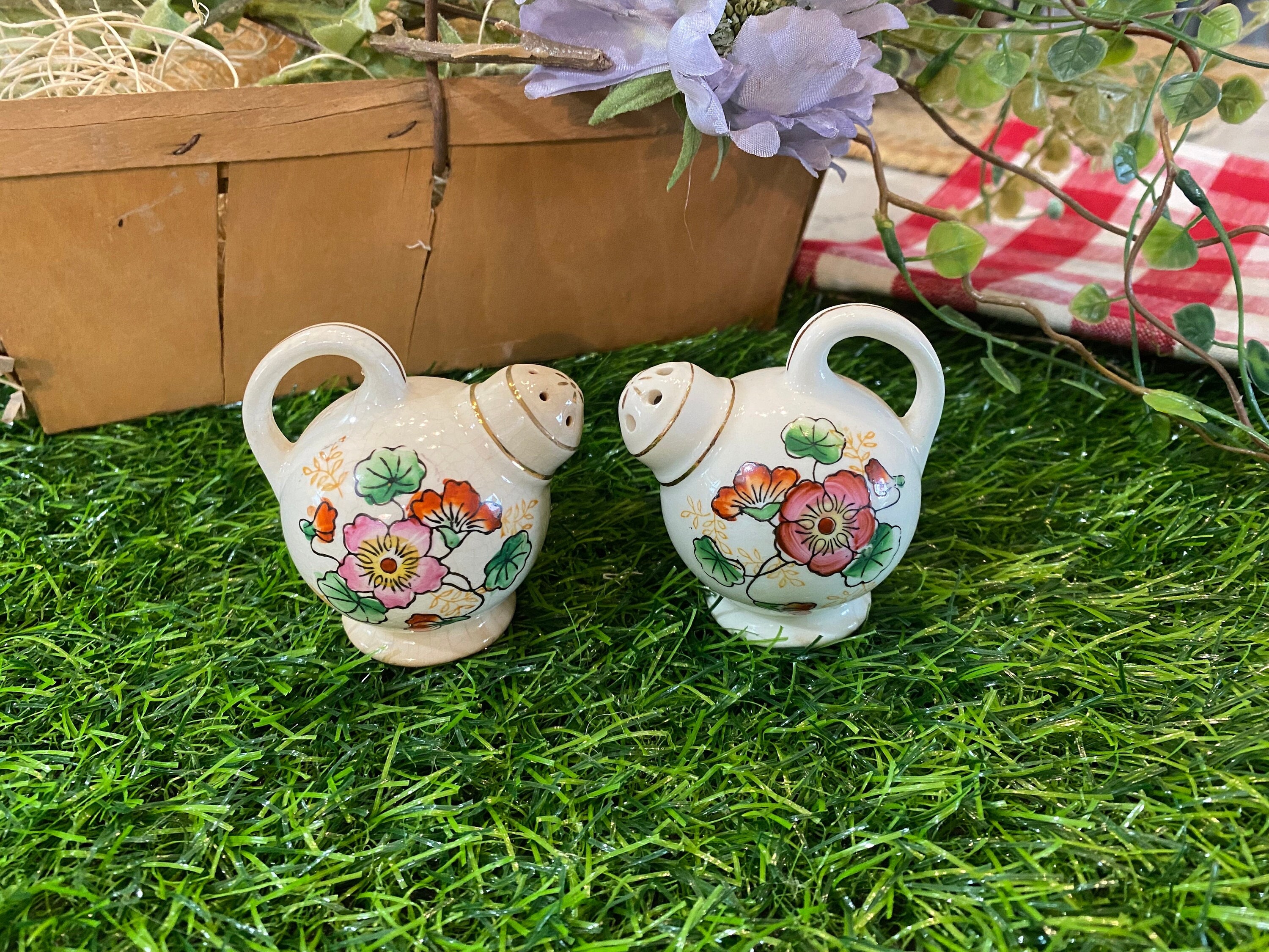 SET of 2 Vintage Ceramic JAPAN Floral Teapot Shaped Salt and