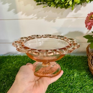 Vintage ANCHOR HOCKING Open Lace Pink Depression Glass Compote 7&quot; | Glass Pedestal Bowl | Lace Edge Candy Dish