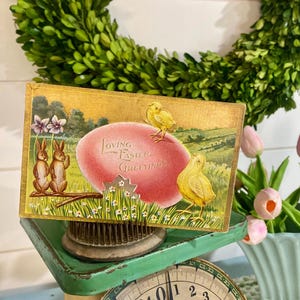 Vintage 1914 EASTER Postcard | Adorable Bunnies, Easter Egg & Chicks | Easter Ephemera | Hearty Easter Greetings