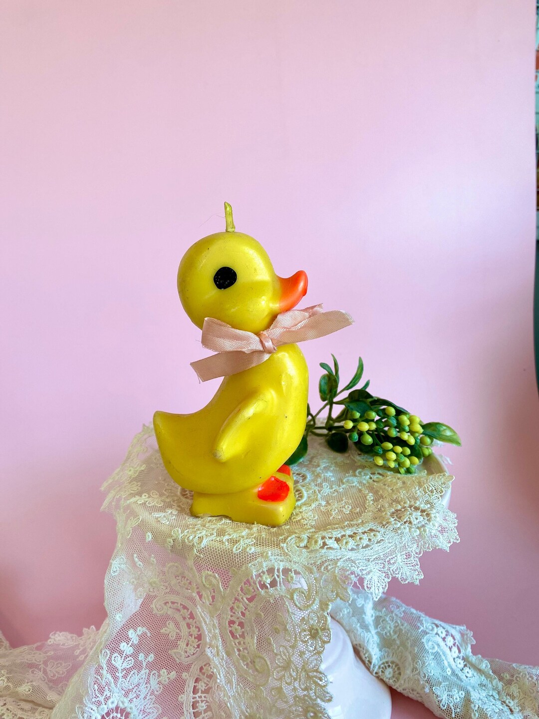 Vintage GURLEY Novelty Candle Yellow Easter Duck With Bow Midcentury Candle Figures Vintage
