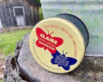 Vintage CLAIRE Moth Crystal Vaporizer Tin Container | Red, White and Blue | Vintage Summer Decor | Advertising Tin