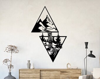 Mountain Metal Wall Art, River Metal Wall Decor With Pine Trees in Forest, Triangle 2 Pieces of Sign Decor, Mountain Metal Wall Art for Man