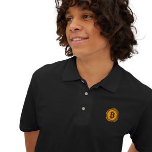 Bitcoin Logo Men&#39;s Polo Shirt, Cryptocurrency Logo Embroidered Shirt, Bitcoin Merch, BTC Symbol Tee, Crypto Investor Gift, Polo T-shirt for