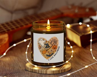 Heart Scented Candle: Halloween Illustration, Fall Scent - Coconut Apricot Wax