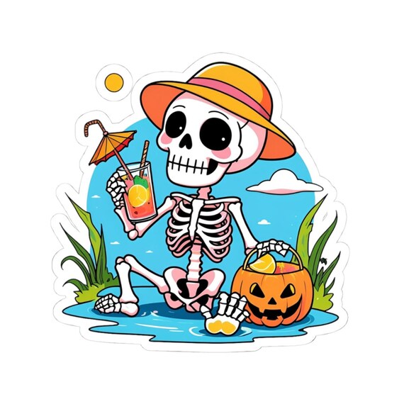 Funny Halloween Skeleton Sticker: Summerween Vibes - Laptop, Journal Decor