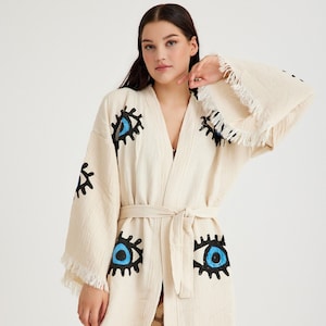 Kimono mauvais œil fait main. Peignoir en mousseline de coton bio, caftan ethnique, robe de chambre en coton, cardigan bohème, cardigan de yoga
