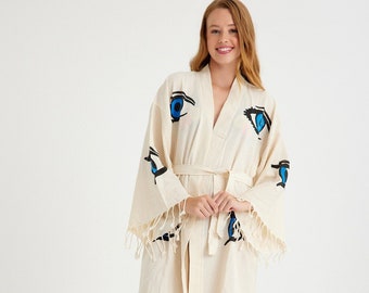 100% Turkish Cotton Muslin Kimono, Wood Print Thin Soft Cotton Kimono, Beach Cover Up, Cotton Lightweight Pareo