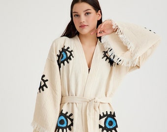 Handmade Evil Eye Kimono. Organic Cotton Muslin Robe, Ethnic Kaftan, Cotton Dressing Gown, Boho Cardigan, Yoga Cardigan