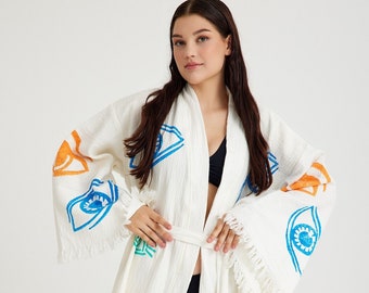 Handmade Unique Evil Eye Muslin Kimono, Organic Cotton Long Evil Eye Robe, Cotton Dressing Gown, Ethnic Kaftan, Boho Kimono