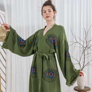 Soft Organic Turkish Cotton Kimono, Handmade Evil Eye Muslin Robe, Cotton Dressing Gown, Cotton Morning Robe, Cozy Festival Robe,Lounge Wear