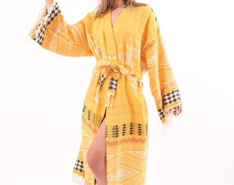 Organic Bathrobe, Ethnic Pattern Robe, Dressing Gown, %100 Turkish Cotton Robe, Cotton Kimono,