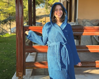 Unisex Adult Waffle Robe from Turkish Cotton, Handmade Dressing Gown, Soft Cotton Bathrobe with Hood and Pocket, Luxury Kimono Robe