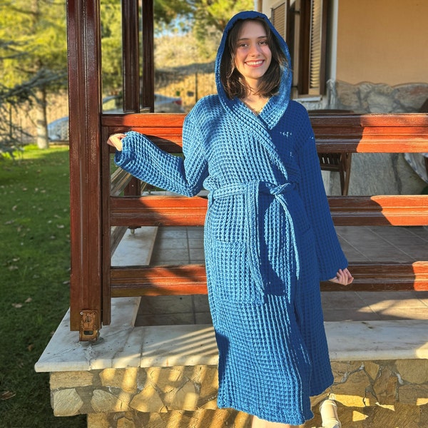 Unisex Adult Waffle Robe from Turkish Cotton, Handmade Dressing Gown, Soft Cotton Bathrobe with Hood and Pocket, Luxury Kimono Robe