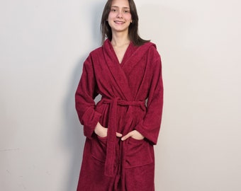 Luxury Unisex Terry Cotton Robe from Organic Turkish Cotton, Soft Terry Cloth Bathrobe, Hooded and Pocket Turkish Towel Robe, Dressing Gown